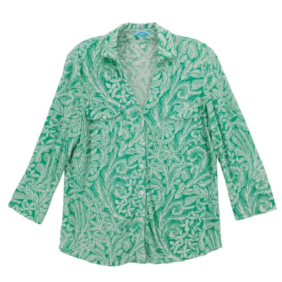 J. MCLAUGHLIN Linen Blend Top Shirt 3/4 Sleeve Green Floral Leaf Pattern MEDIUM - Picture 1 of 7